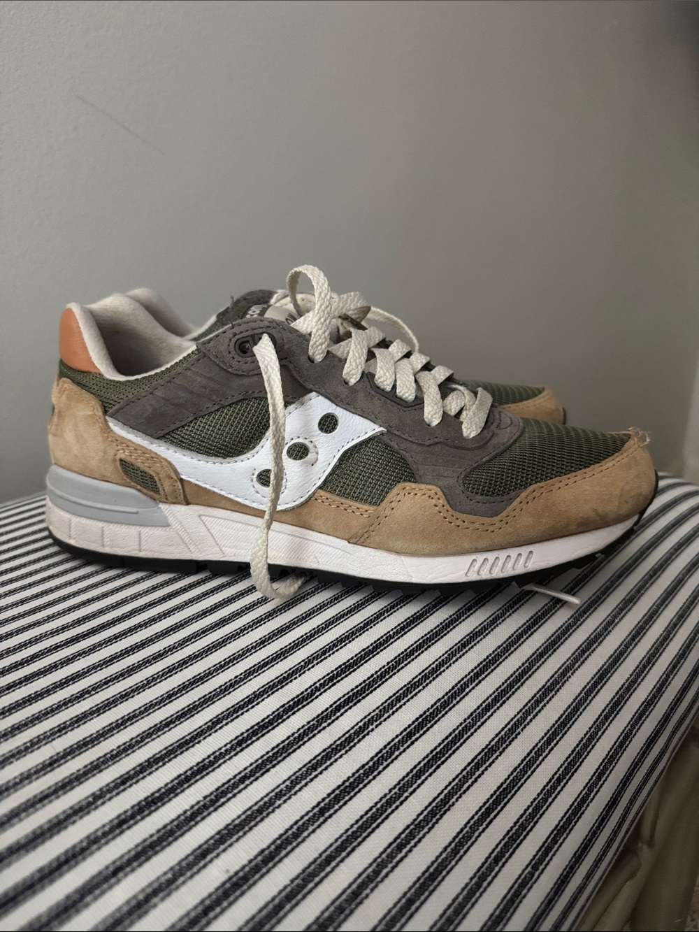 Saucony Olive Green and Tan Suede Mesh Sneaker